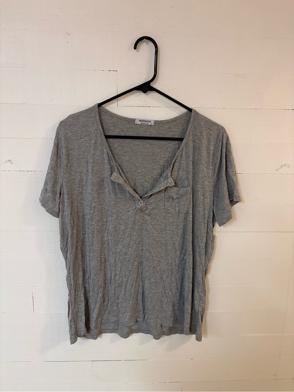 HOTOUCH Gray Henley Pocket Tee XL Rayon Spandex Short Sleeve Top